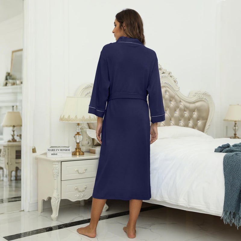 HEARTNICE Womens Cotton Robe, Soft Kimono Spa Knit Long Bathrobe Lightweight Loungewear(Navy,S) - Image 4